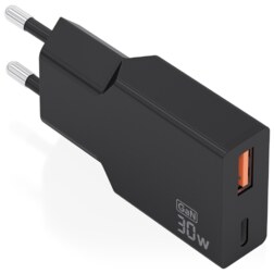AISENS Cargador Ultra Delgado GaN 30W, 1xUSB-C PD3.0 QC4.0, 1xUSB-A QC3.0, Negro