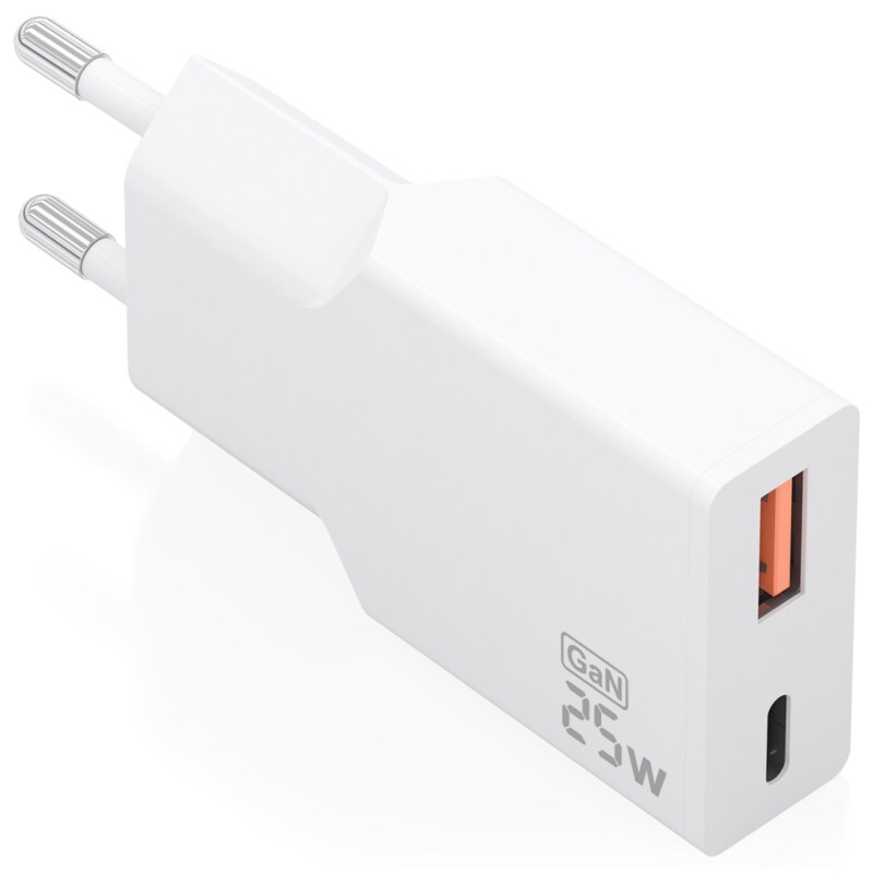AISENS Cargador Ultra Delgado GaN 25W, 1xUSB-C PD3.0 QC4.0, 1xUSB-A QC3.0, Blanco