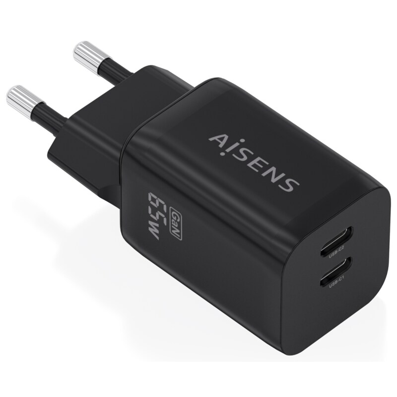 AISENS Cargador GaN 65W, 2xUSB-C PD3.0 QC4.0, Negro