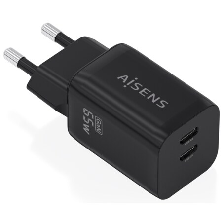 AISENS Cargador GaN 65W, 2xUSB-C PD3.0 QC4.0, Negro