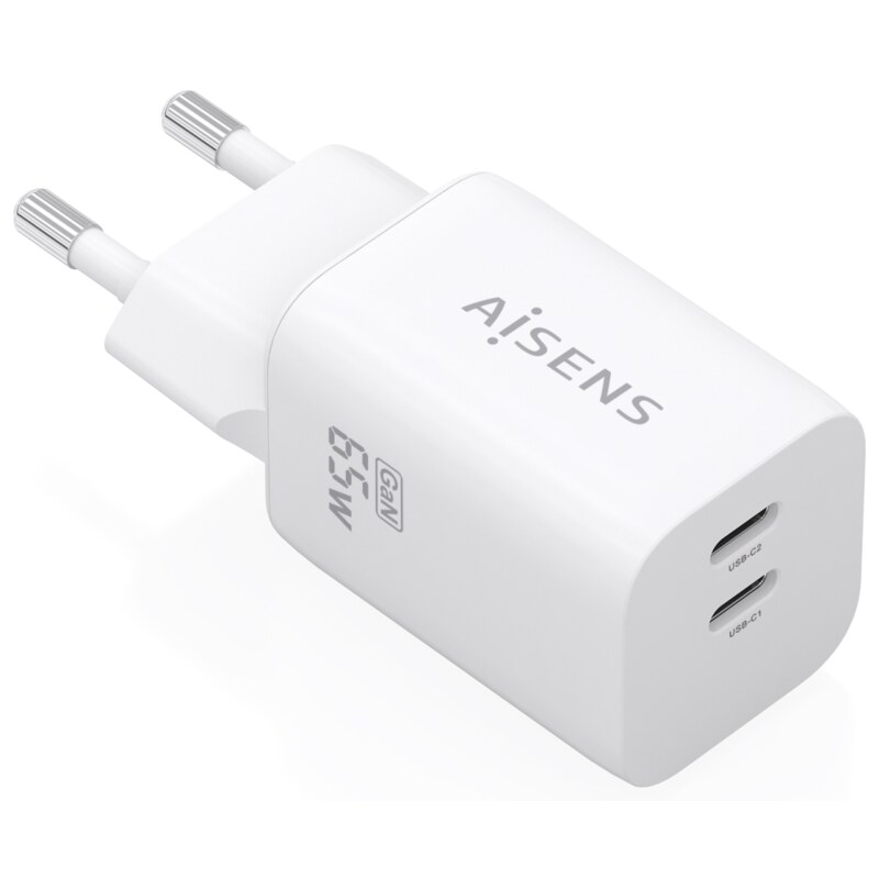 AISENS Cargador GaN 65W, 2xUSB-C PD3.0 QC4.0, Blanco