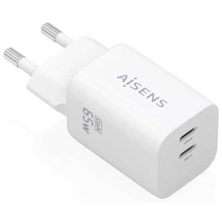 AISENS Cargador GaN 65W, 2xUSB-C PD3.0 QC4.0, Blanco