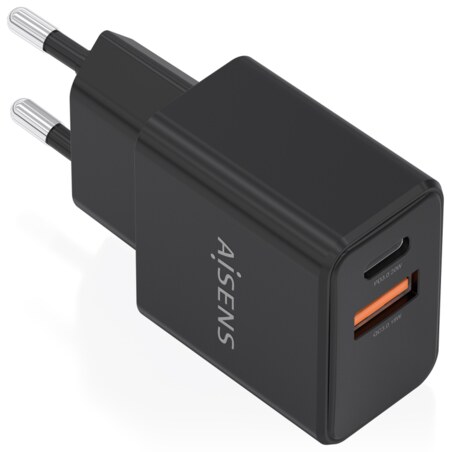 AISENS Cargador GaN 20W, 1xUSB-C PD3.0, 1xUSB-A QC3.0, Negro