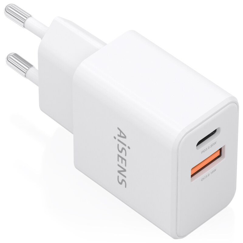 AISENS Cargador GaN 20W, 1xUSB-C PD3.0, 1xUSB-A QC3.0, Blanco
