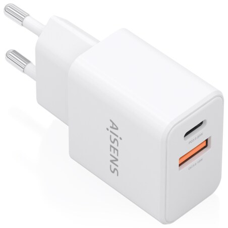 AISENS Cargador GaN 20W, 1xUSB-C PD3.0, 1xUSB-A QC3.0, Blanco