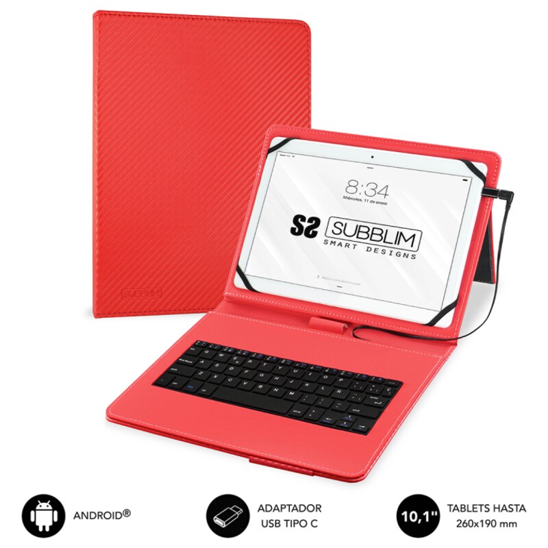 SUBBLIM Funda con Teclado Micro USB - USB C KEYTAB PRO USB 10,1" Red