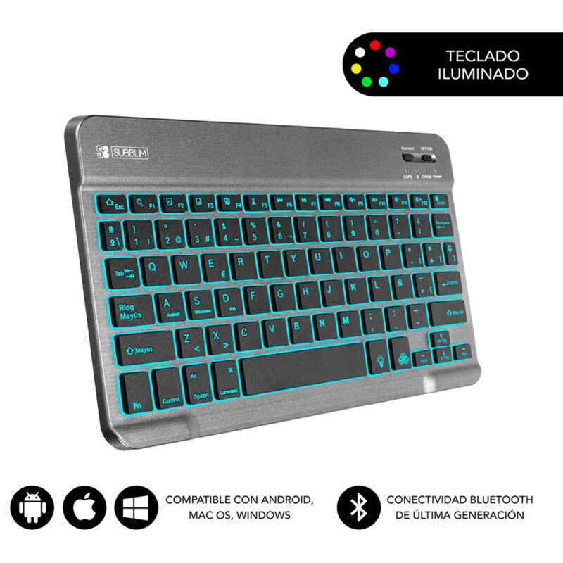 SUBBLIM Teclado Retroiluminado Bluetooth Smart Backlit BT Keyboard Grey