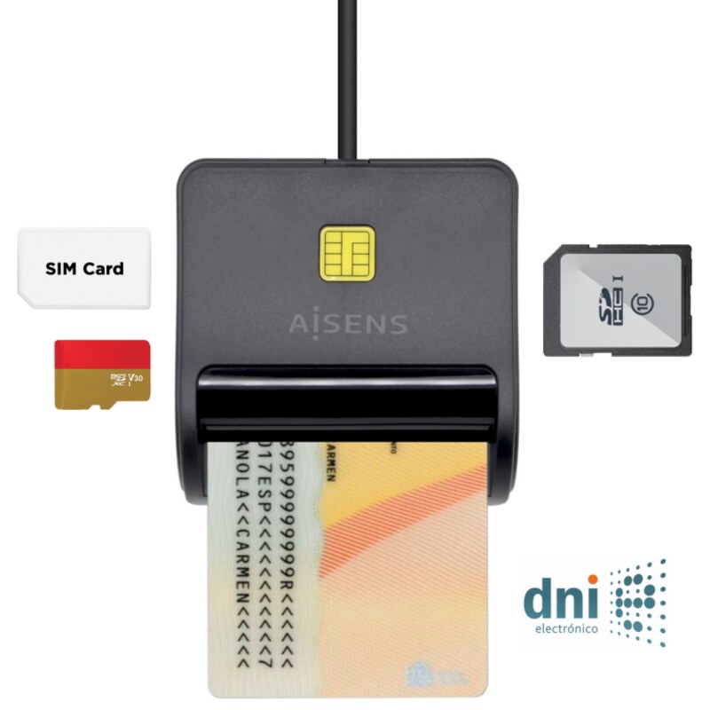 AISENS Lector de Tarjeta Inteligente DNI con Lector de Tarjetas SIM, SD, Micro SD, MMC, RS-MMC, MMC Micro, Negro
