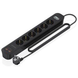 AISENS Regleta de Enchufes Multifuncion con 6 Tomas + Cargador PD3.0 20W 2xUSB-C, 2xUSB-A, 1.4m, Negro