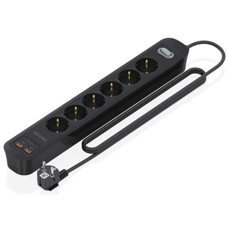 AISENS Regleta de Enchufes Multifuncion con 6 Tomas + Cargador PD3.0 20W 2xUSB-C, 2xUSB-A, 1.4m, Negro
