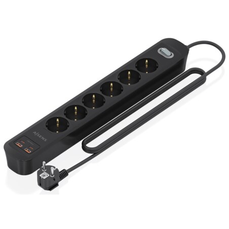 AISENS Regleta de Enchufes Multifuncion con 6 Tomas + Cargador PD3.0 20W 2xUSB-C, 2xUSB-A, 1.4m, Negro