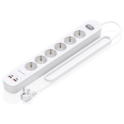 AISENS Regleta de Enchufes Multifuncion con 6 Tomas + Cargador PD3.0 20W 2xUSB-C, 2xUSB-A, 1.4m, Blanco