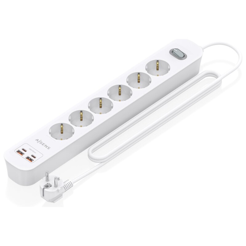 AISENS Regleta de Enchufes Multifuncion con 6 Tomas + Cargador PD3.0 20W 2xUSB-C, 2xUSB-A, 1.4m, Blanco
