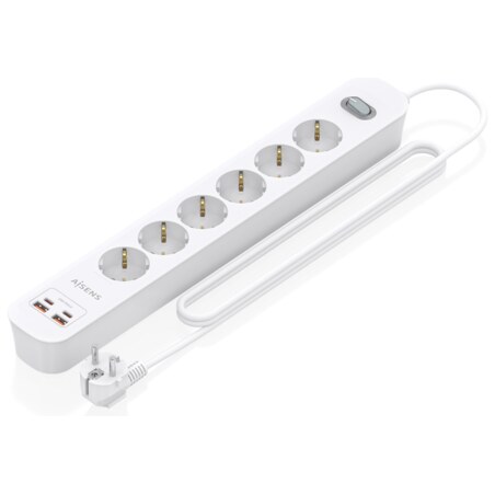 AISENS Regleta de Enchufes Multifuncion con 6 Tomas + Cargador PD3.0 20W 2xUSB-C, 2xUSB-A, 1.4m, Blanco