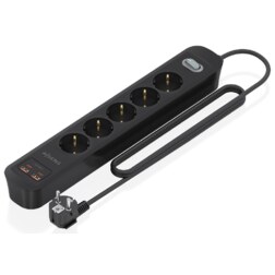AISENS Regleta de Enchufes Multifuncion con 5 Tomas + Cargador PD3.0 20W 2xUSB-C, 2xUSB-A, 1.4m, Negro