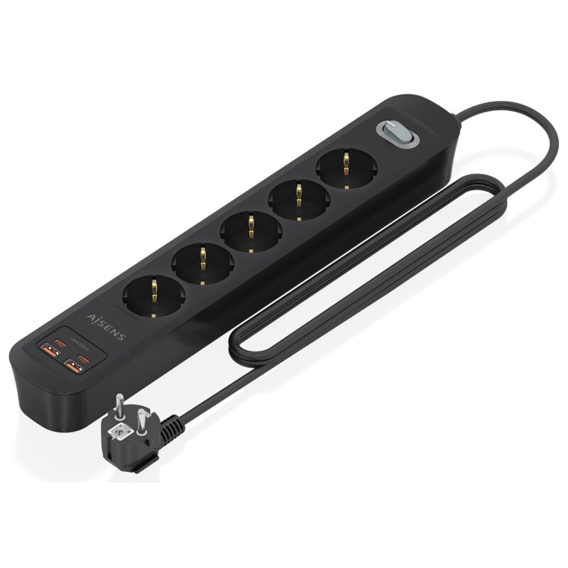 AISENS Regleta de Enchufes Multifuncion con 5 Tomas + Cargador PD3.0 20W 2xUSB-C, 2xUSB-A, 1.4m, Negro