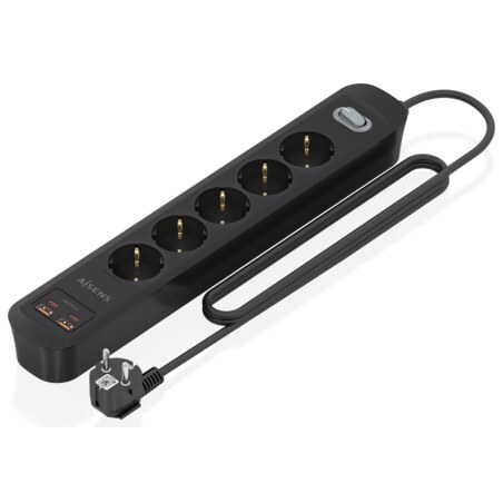 AISENS Regleta de Enchufes Multifuncion con 5 Tomas + Cargador PD3.0 20W 2xUSB-C, 2xUSB-A, 1.4m, Negro