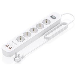 AISENS Regleta de Enchufes Multifuncion con 5 Tomas + Cargador PD3.0 20W 2xUSB-C, 2xUSB-A, 1.4m, Blanco