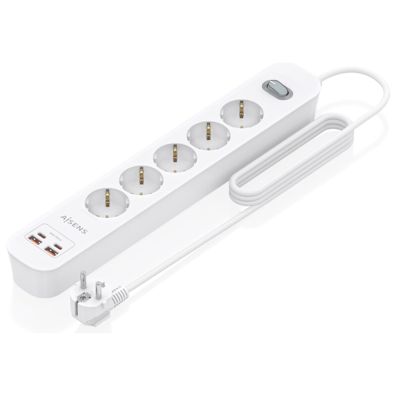 AISENS Regleta de Enchufes Multifuncion con 5 Tomas + Cargador PD3.0 20W 2xUSB-C, 2xUSB-A, 1.4m, Blanco