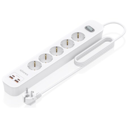 AISENS Regleta de Enchufes Multifuncion con 5 Tomas + Cargador PD3.0 20W 2xUSB-C, 2xUSB-A, 1.4m, Blanco