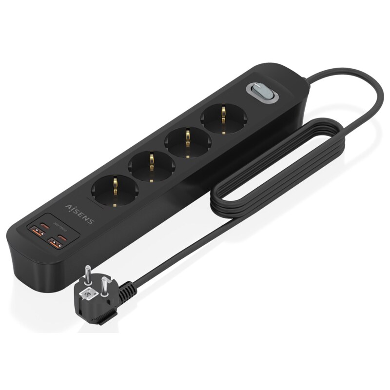 AISENS Regleta de Enchufes Multifuncion con 4 Tomas + Cargador PD3.0 20W 2xUSB-C, 2xUSB-A, 1.4m, Negro