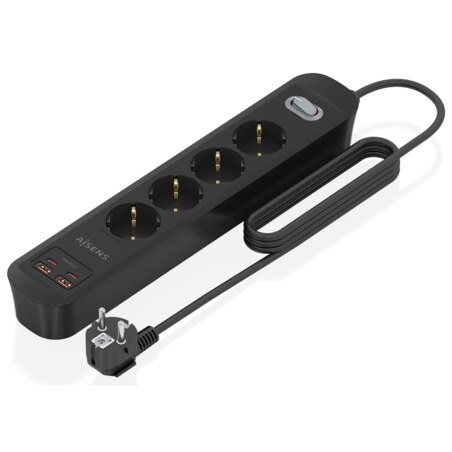 AISENS Regleta de Enchufes Multifuncion con 4 Tomas + Cargador PD3.0 20W 2xUSB-C, 2xUSB-A, 1.4m, Negro