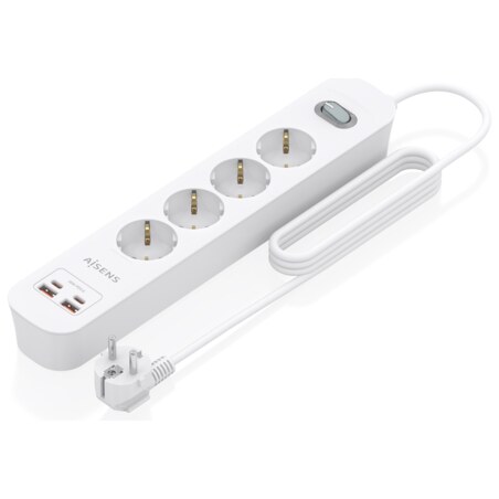 AISENS Regleta de Enchufes Multifuncion con 4 Tomas + Cargador PD3.0 20W 2xUSB-C, 2xUSB-A, 1.4m, Blanco