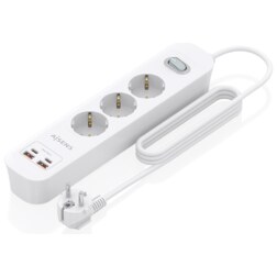 AISENS Regleta de Enchufes Multifuncion con 3 Tomas + Cargador PD3.0 20W 2xUSB-C, 2xUSB-A, 1.4m, Blanco