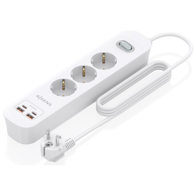 AISENS Regleta de Enchufes Multifuncion con 3 Tomas + Cargador PD3.0 20W 2xUSB-C, 2xUSB-A, 1.4m, Blanco