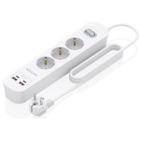 AISENS Regleta de Enchufes Multifuncion con 3 Tomas + Cargador PD3.0 20W 2xUSB-C, 2xUSB-A, 1.4m, Blanco