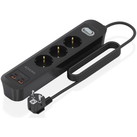 AISENS Regleta de Enchufes Multifuncion con 3 Tomas + Cargador PD3.0 20W 2xUSB-C, 2xUSB-A, 1.4m, Negro