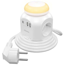 AISENS Regleta de Enchufes Sobremesa Multifuncion con 4 Tomas + 1xUSB-C 20W PD3.0, 2xUSB-A 18W QC3.0, Luz Nocturna, 1.8M, Blanco