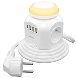 AISENS Regleta de Enchufes Sobremesa Multifuncion con 4 Tomas + 1XUSB-C, 3XUSB-A, Luz Nocturna, 1.8M, Blanco