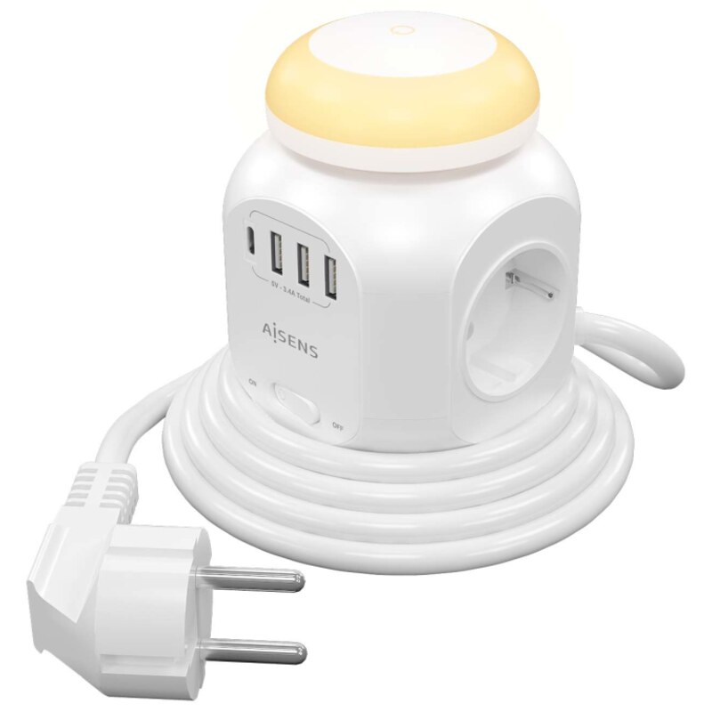 AISENS Regleta de Enchufes Sobremesa Multifuncion con 4 Tomas + 1XUSB-C, 3XUSB-A, Luz Nocturna, 1.8M, Blanco